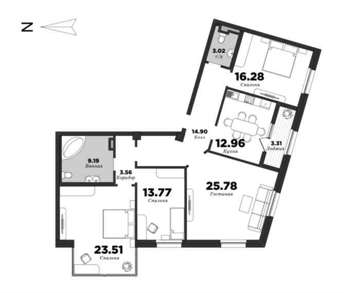 NEVA HAUS, Корпус 1, 4 спальни, 124.63 м² | планировка элитных квартир Санкт-Петербурга | М16